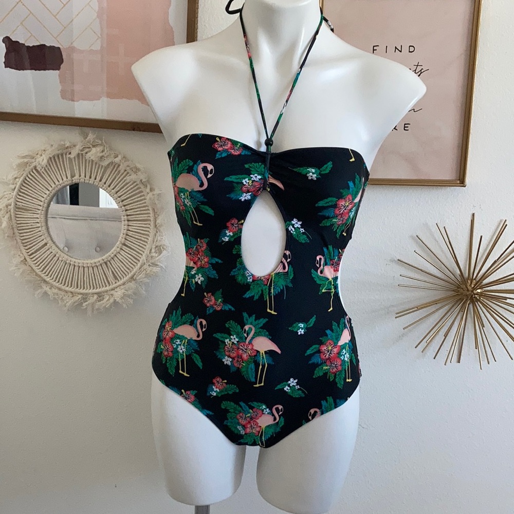 Tropical Leaves and Flamingo One Piece Swimsuit